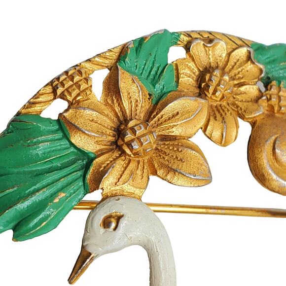 Vintage Enamel Swan Brooch Gold Tone Circle Pin Blue Water Retro 60s Nature Bird - Picture 5 of 6